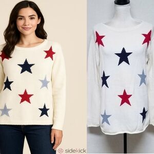 Vintage 90s Norton Mcnaughton Cream Red Gray Blue Star Knit Colorblock Sweater